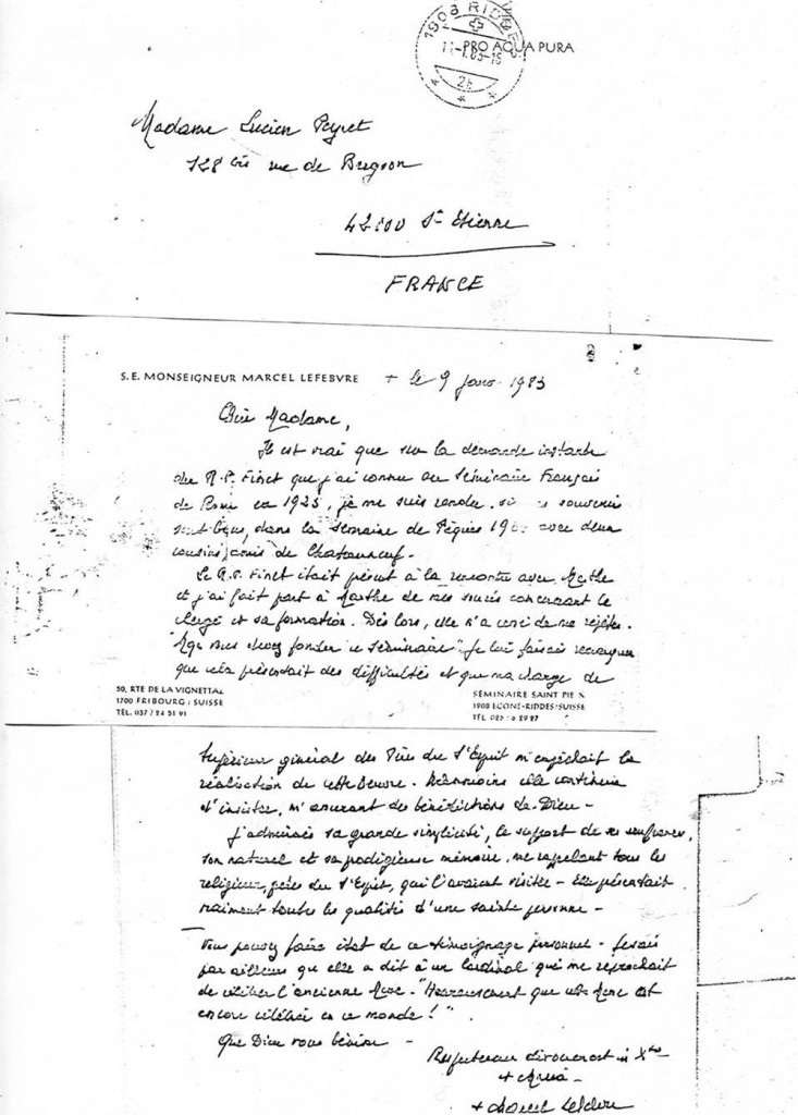 Lettre de Mgr Lefebvre à Mme Lucien Peyret
